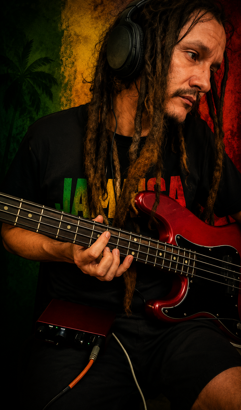 Dub tocando baixo de óculos escuros, estúdio com discos de vinil ao fundo
