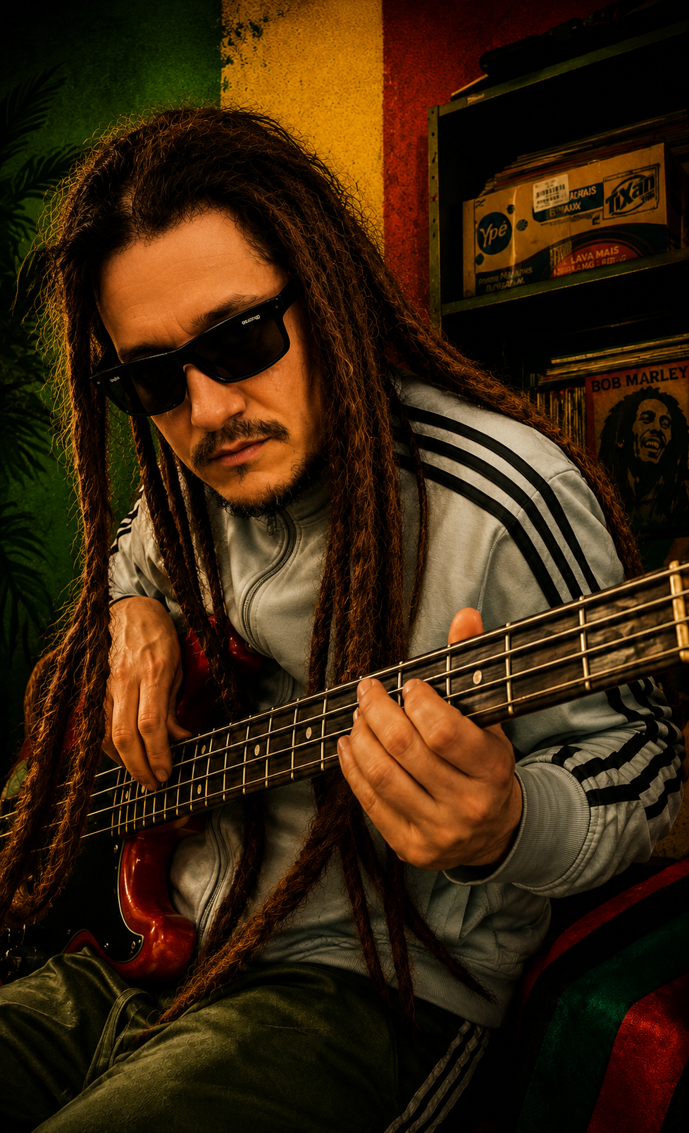 Dub com fones de ouvido gravando com interface de áudio, camiseta Jamaica